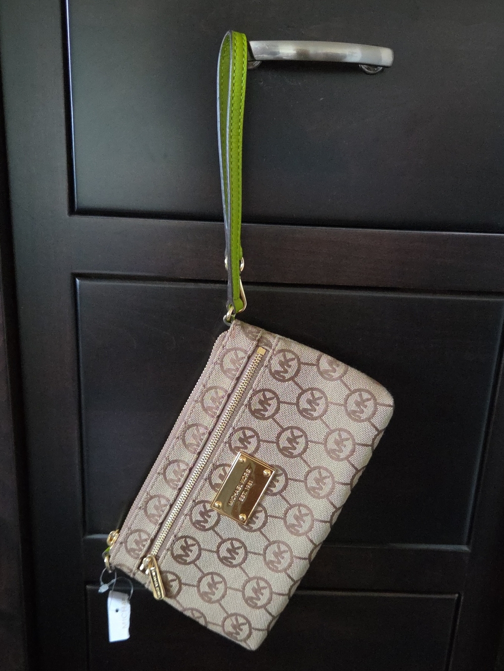Michael Kors Monogram Jacquard Wristlet Clutch Pouch Beige Lime Green - NWT